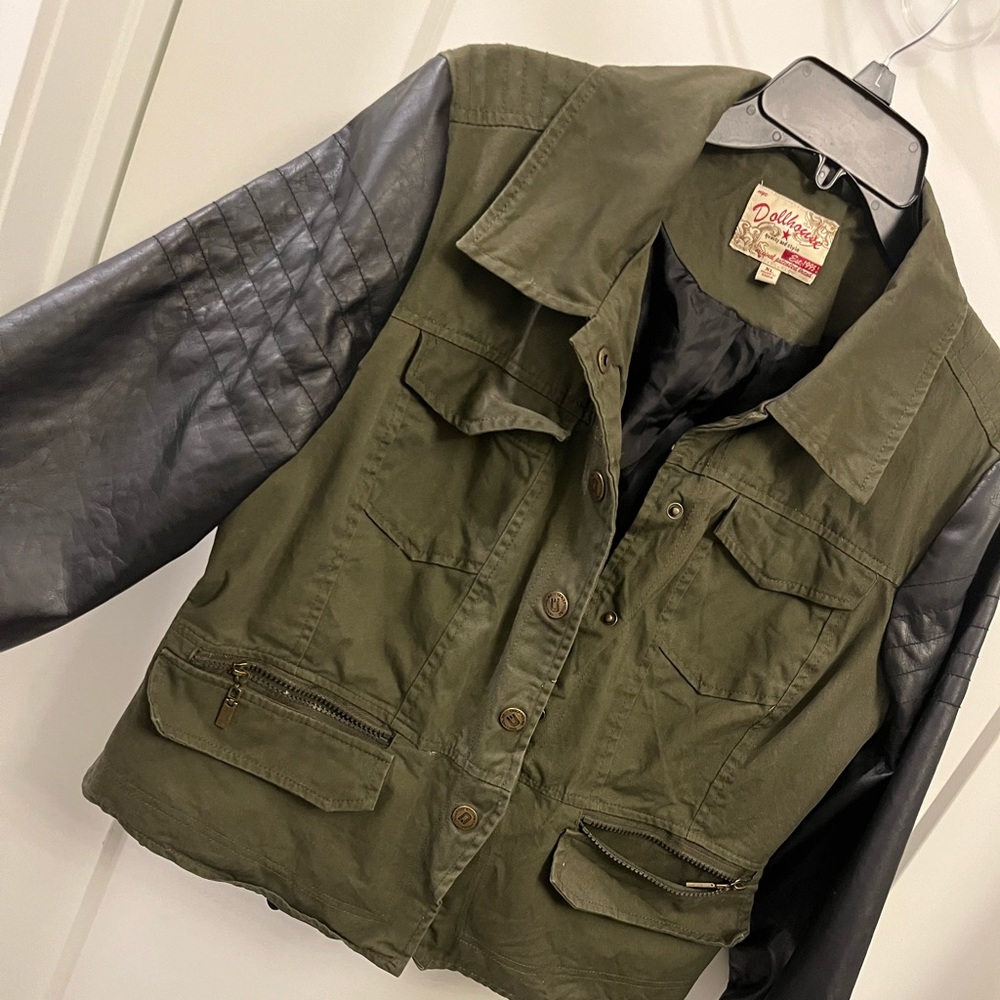 Jacket - military style green and black faux leather jacket
